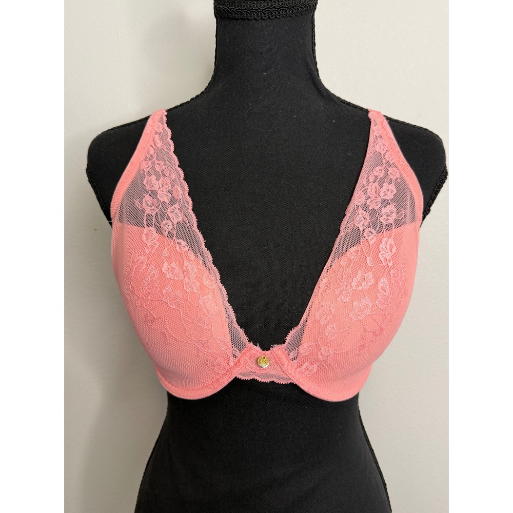 Natori Feathers Underwire Contour Bra Coral Pink Lace Plunge 730023 34DD - Picture 2 of 7